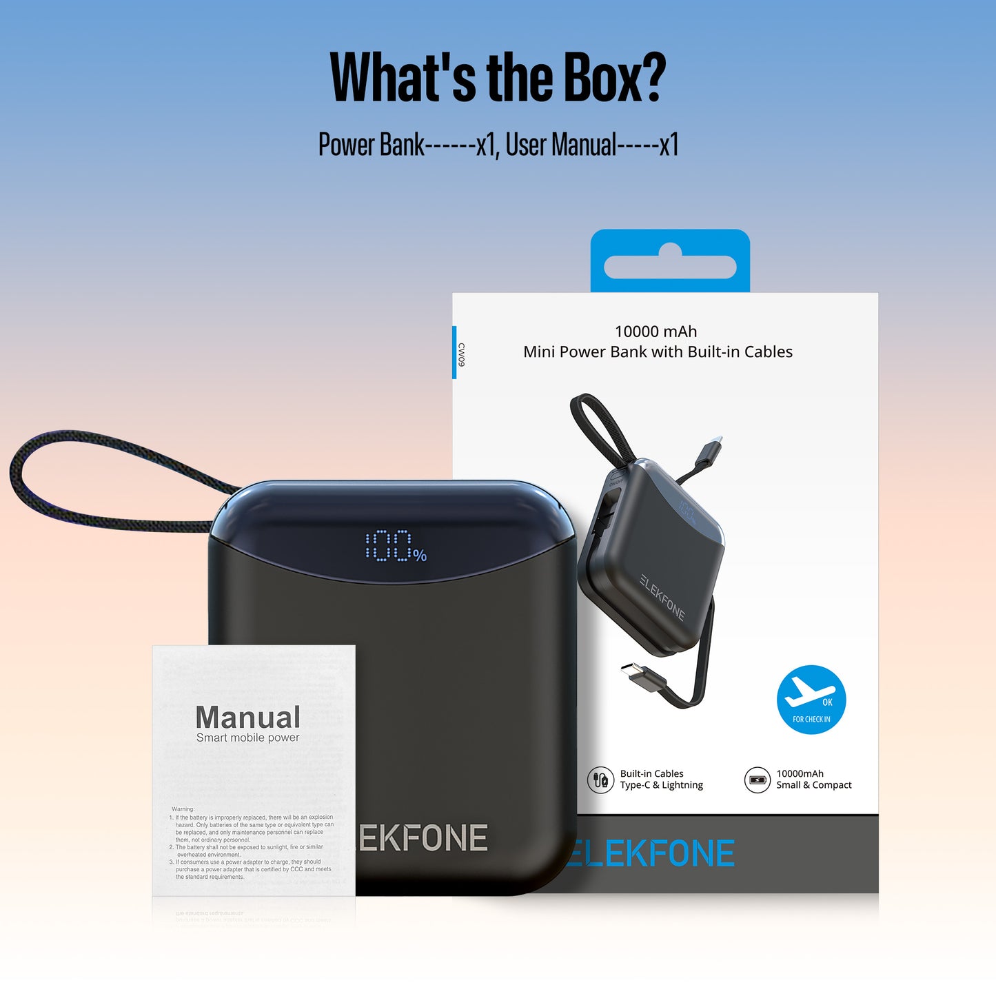 10000mAh Mini Power Bank with Built-in Cables for iPhone, Samsung & More - CW09