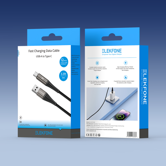 ELEKFONE Braided Nylon Charging Cable 1M, All Conectors Available (USB/Type-C/Lightning) EC01