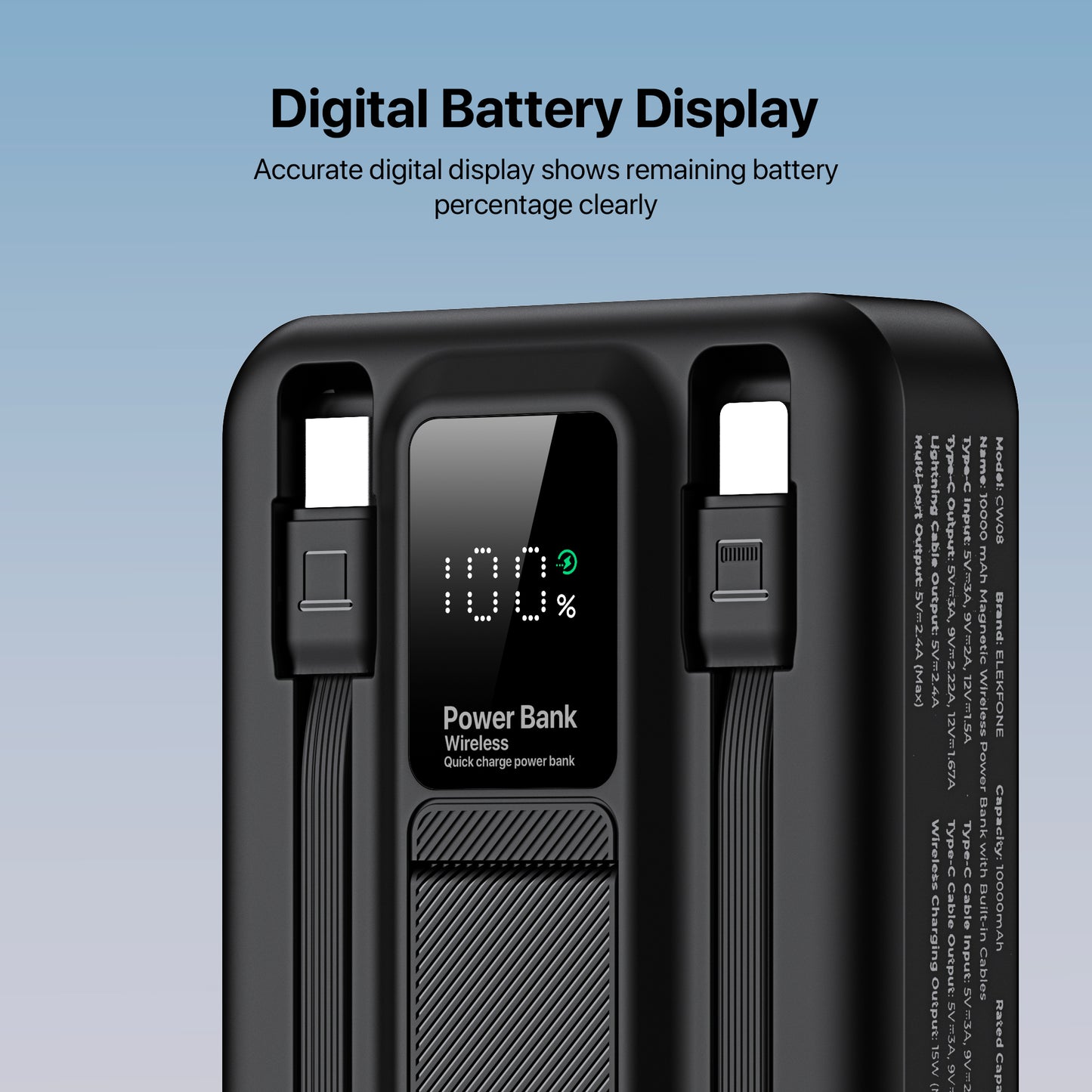ELEKFONE Magnetic Wireless Power Bank with Built-in Cables and Kickstand - CW08