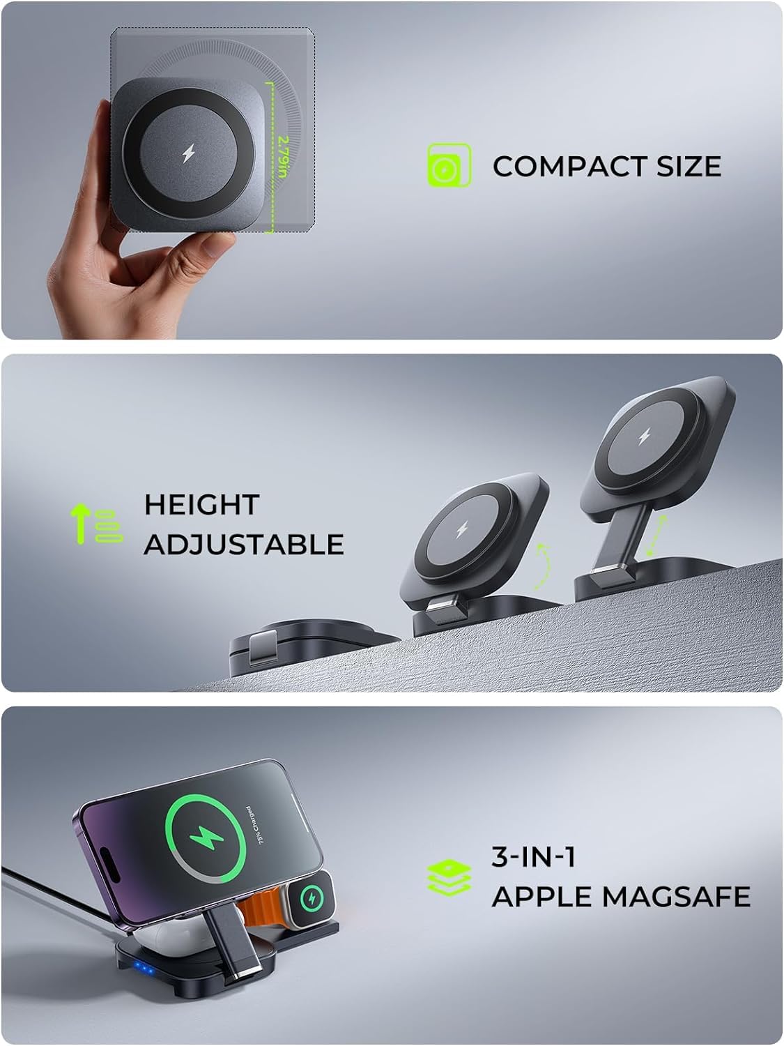 Foldable 3-in-1 Wireless Charger, Perfect for Travel, Power Adapter Included