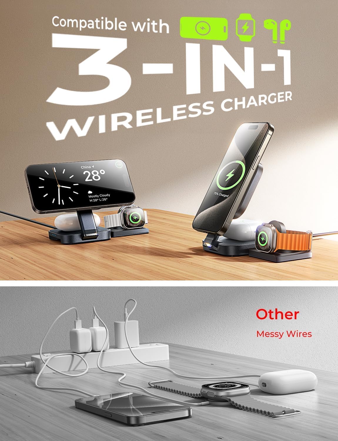 Foldable 3-in-1 Wireless Charger, Perfect for Travel, Power Adapter Included