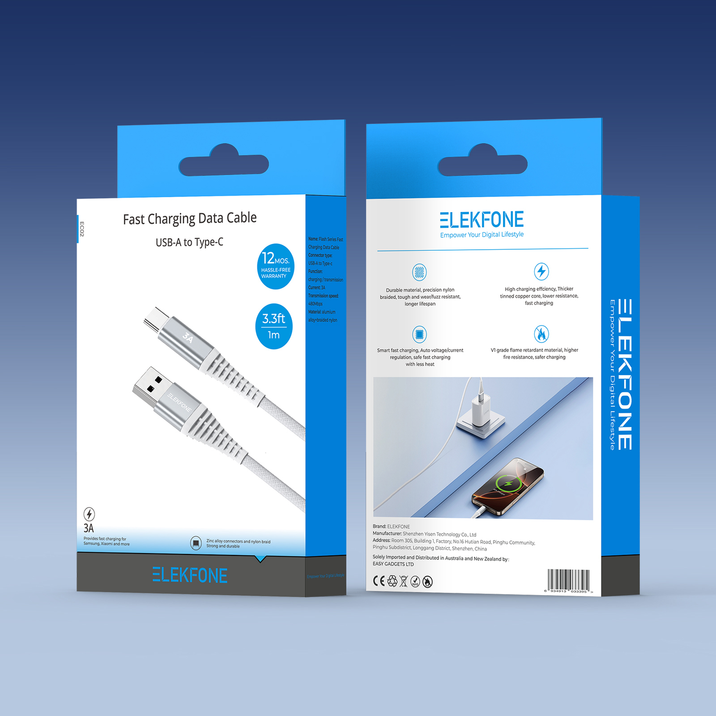 ELEKFONE Braided Nylon Charging Cable 1M, All Conectors Available (USB/Type-C/Lightning) EC01