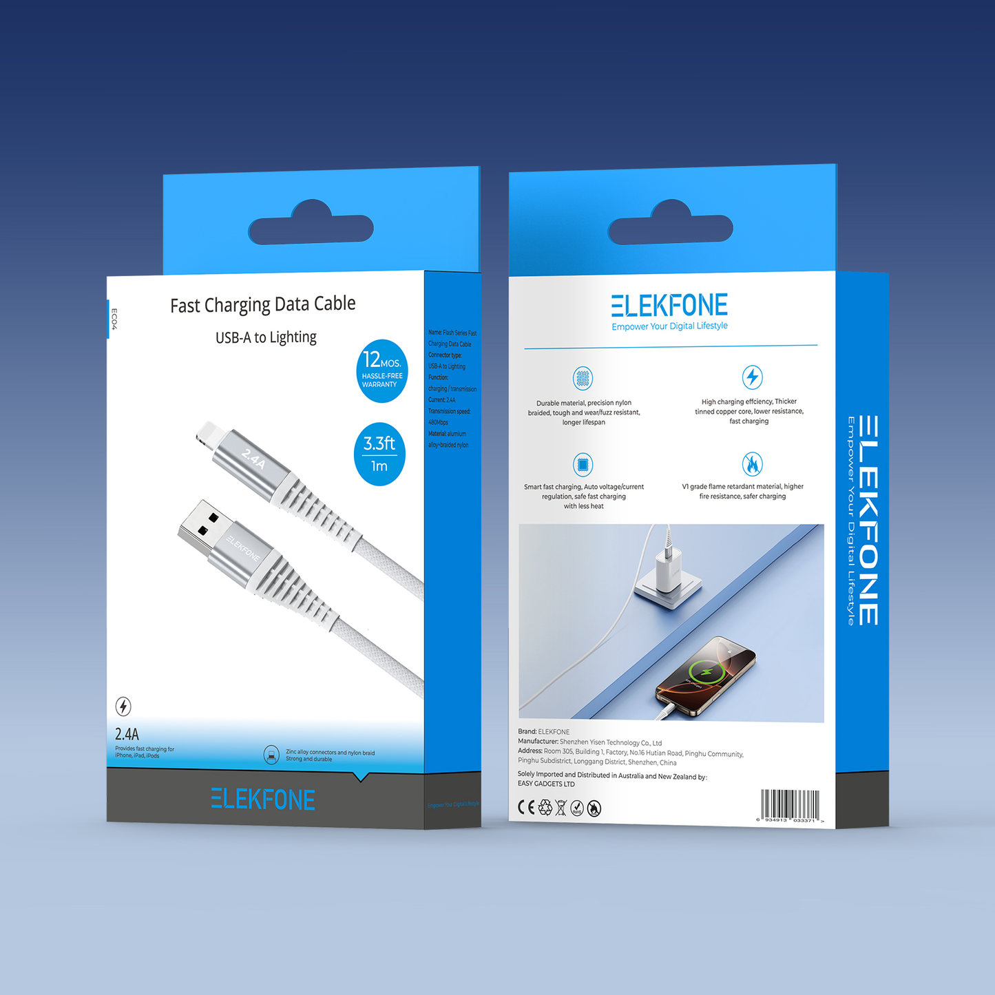 ELEKFONE Braided Nylon Charging Cable 1M, All Conectors Available (USB/Type-C/Lightning) EC01