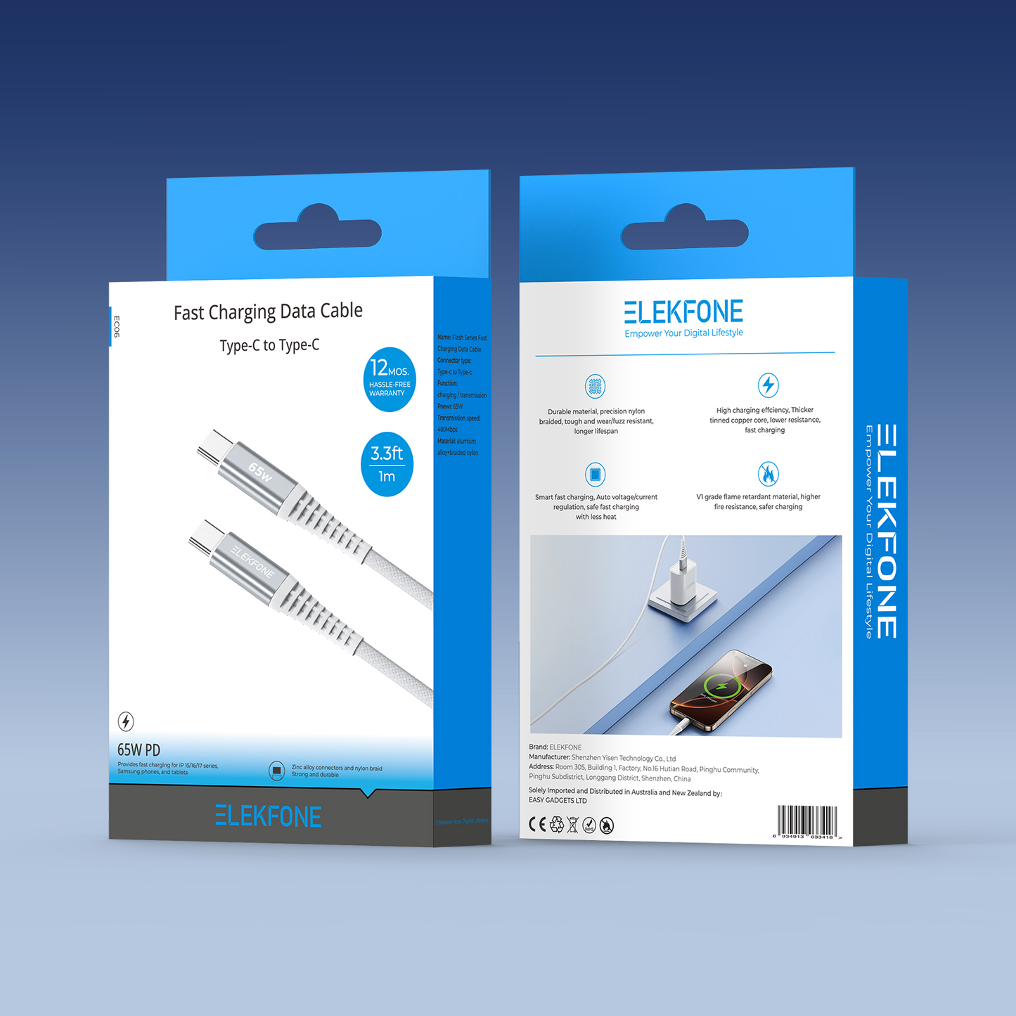ELEKFONE Braided Nylon Charging Cable 1M, All Conectors Available (USB/Type-C/Lightning) EC01