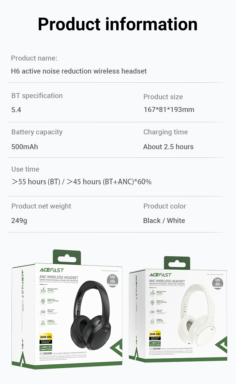 ACEFAST Active Noise Reduction Wireless Headset - H6