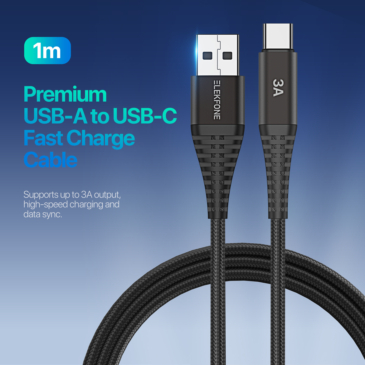 ELEKFONE Braided Nylon Charging Cable 1M, All Conectors Available (USB/Type-C/Lightning) EC01