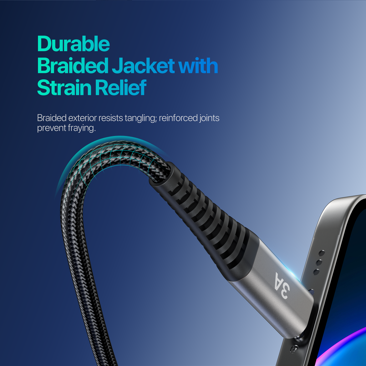ELEKFONE Braided Nylon Charging Cable 1M, All Conectors Available (USB/Type-C/Lightning) EC01