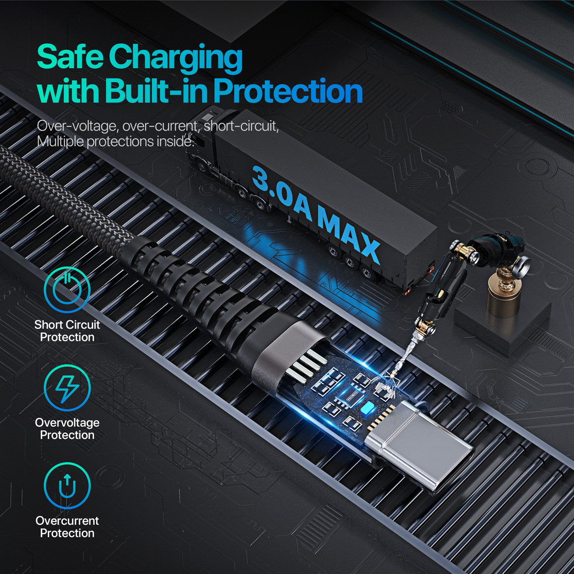 ELEKFONE Braided Nylon Charging Cable 1M, All Conectors Available (USB/Type-C/Lightning) EC01