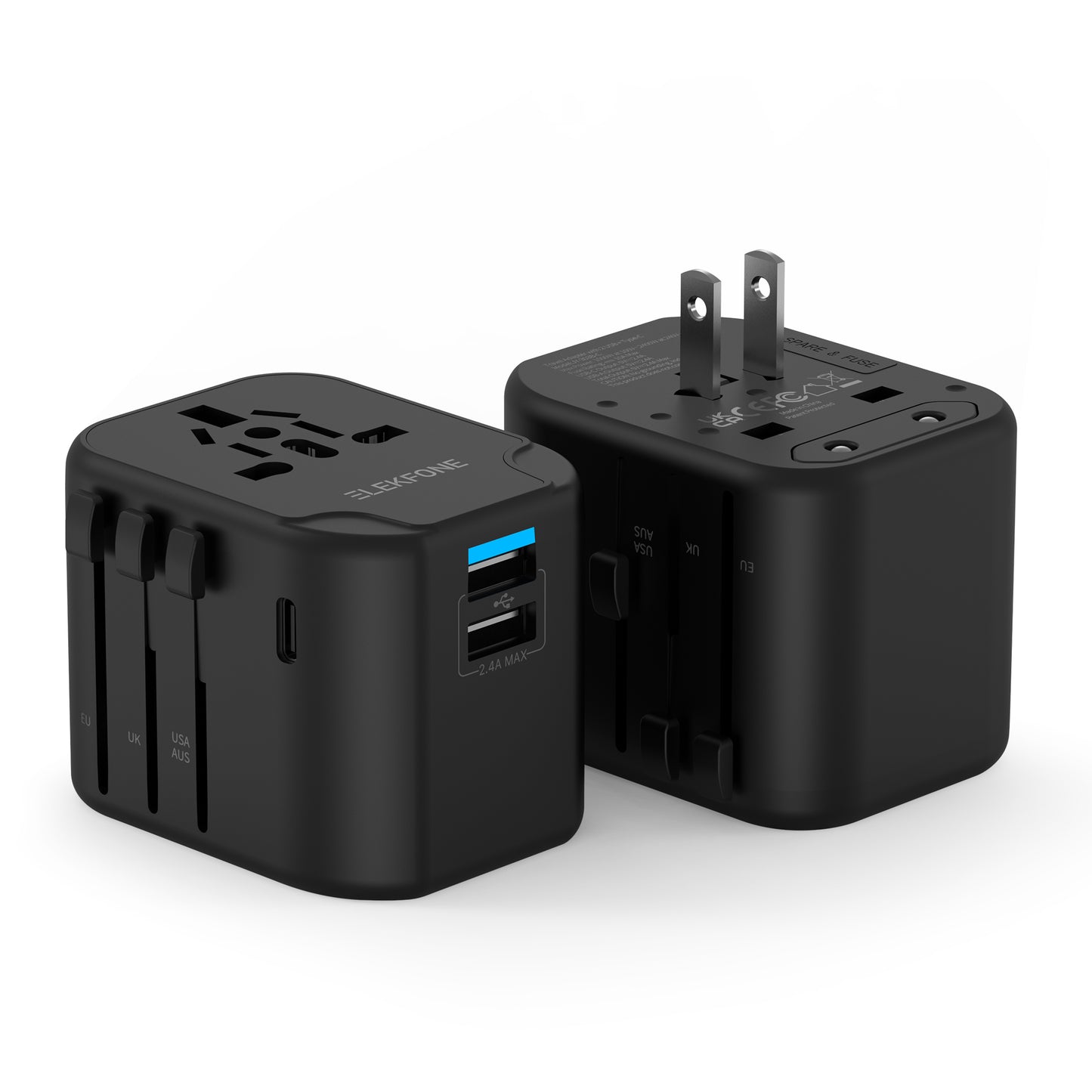 ELEKFONE Universal Travel Power Adapter, Dual-USB and Type-C Ports 12W - T12W