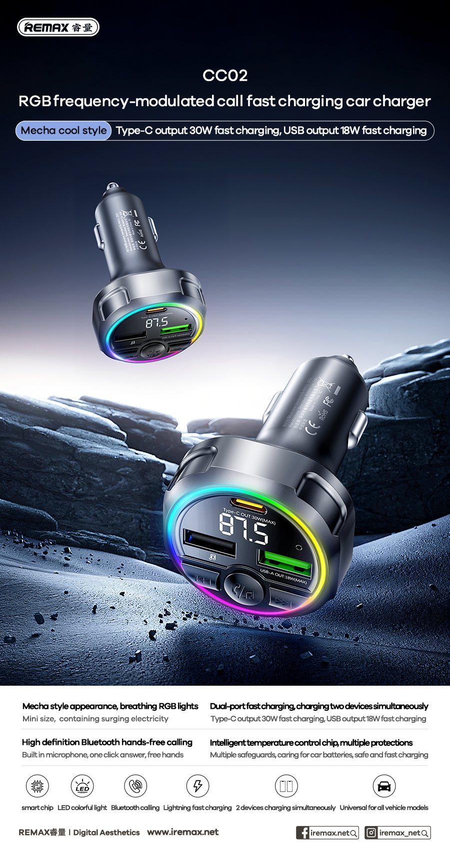 REMAX 48W RGB FM Transmitter with USB Ports CC02