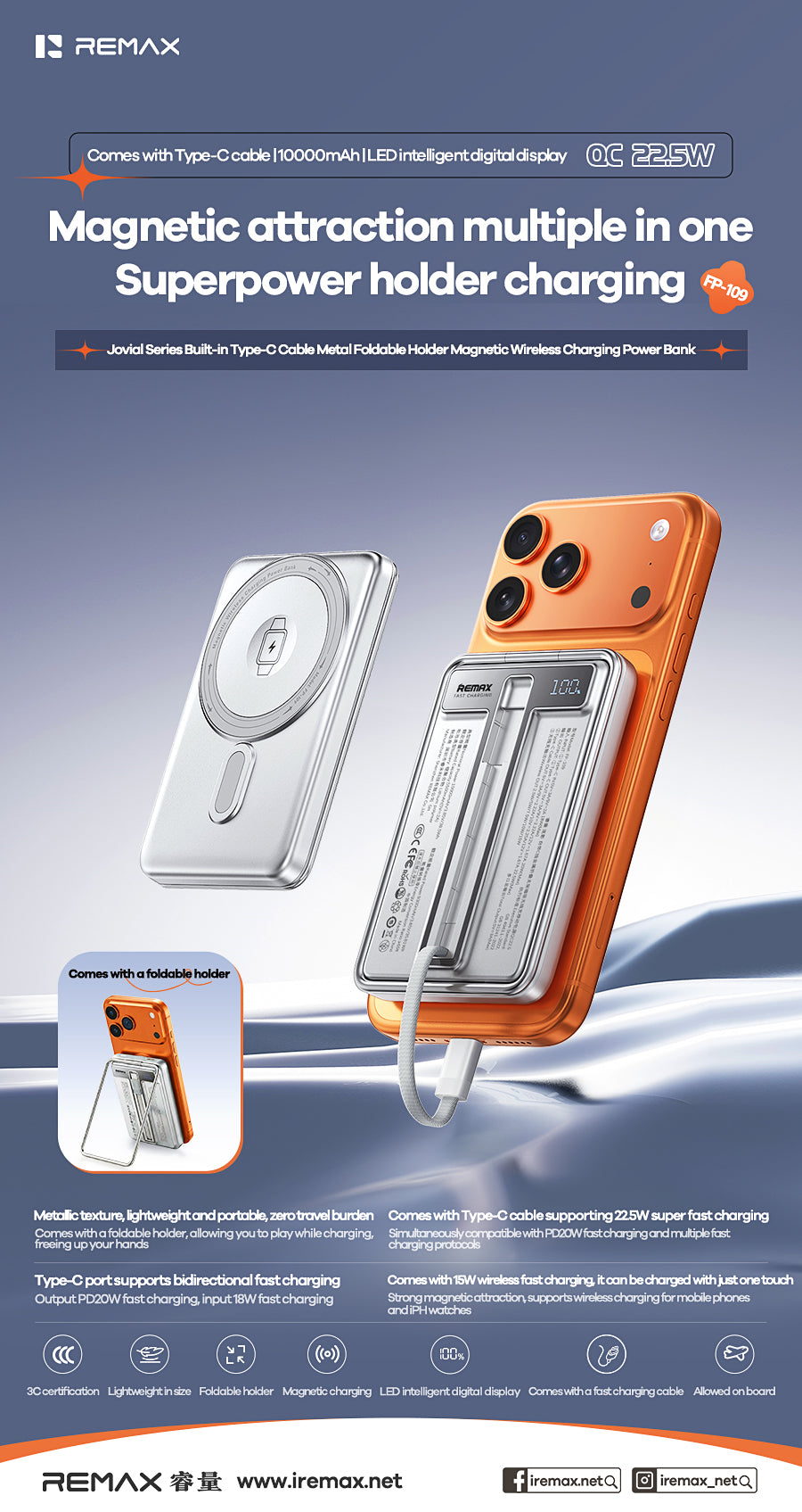REMAX Built-in Type-C Cable Metal Foldable Holder Magnetic Wireless Charging Power Bank QC22.5W 10000mAh - FP-109