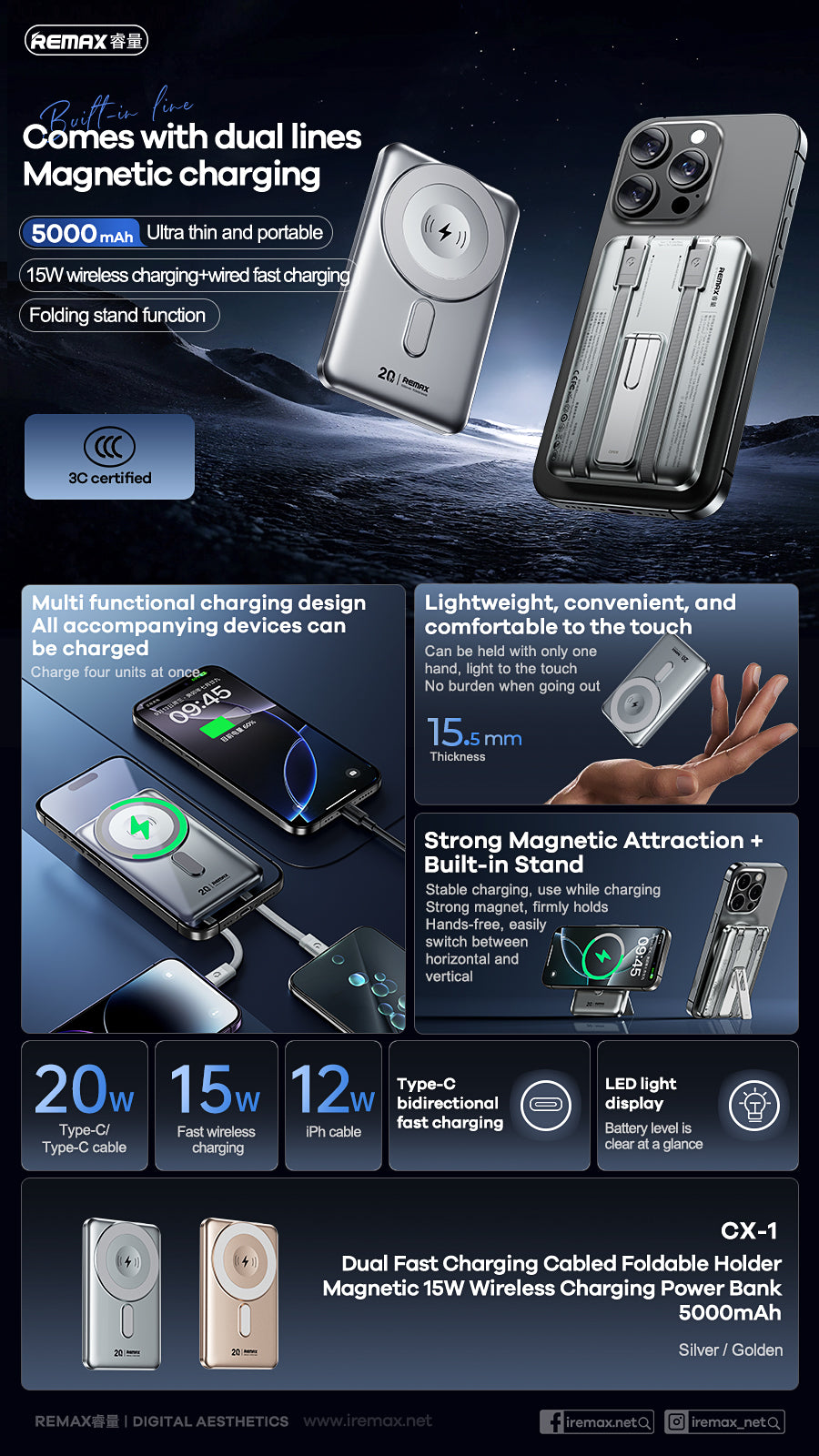 REMAX Magnetic 15W Wireless Power Bank with Built-in Foldable Stand 5000mAh - CX-1