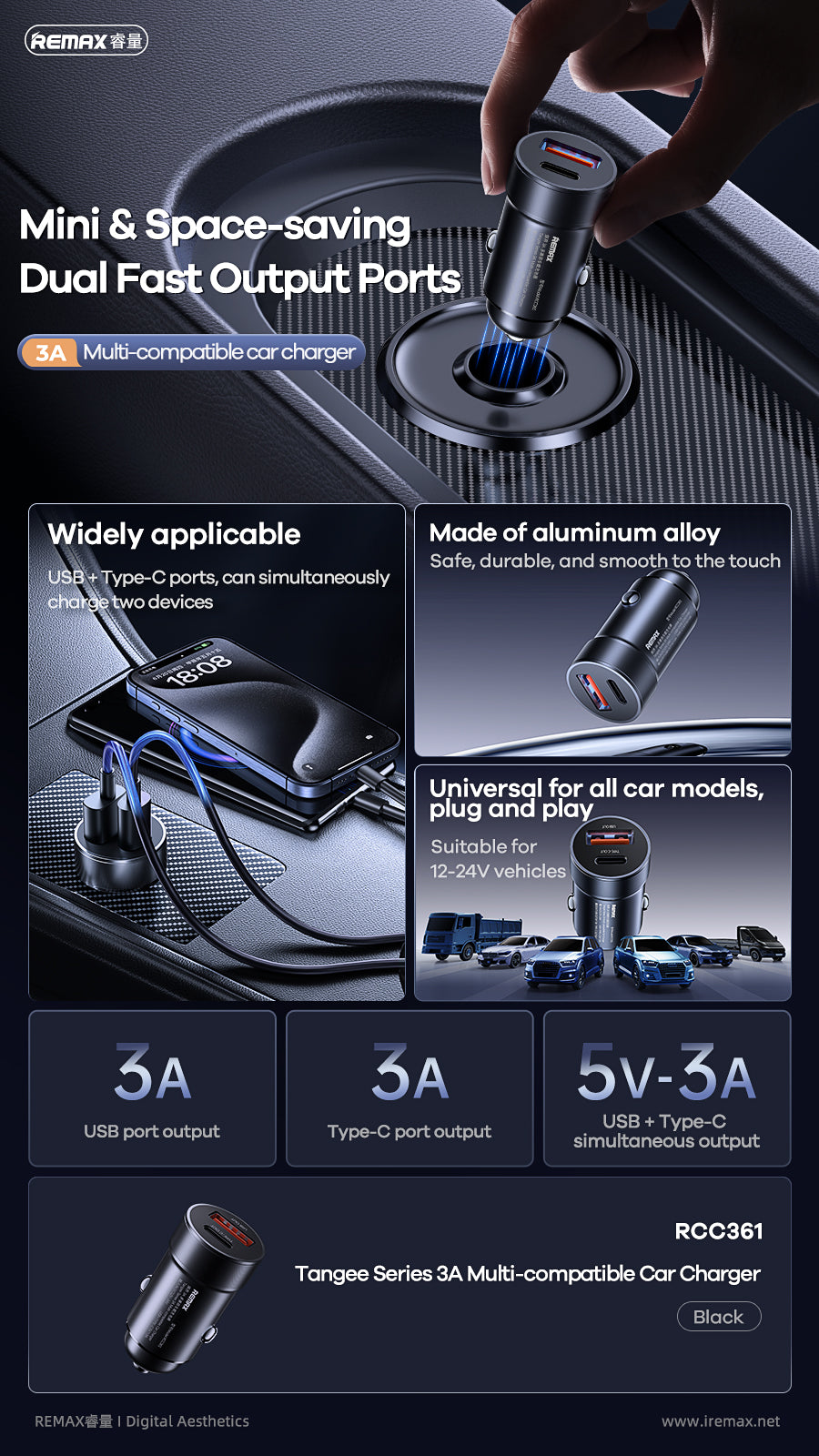 REMAX Tangee Series 3A 1A+1C Multi-compatible Car Charger - RCC361