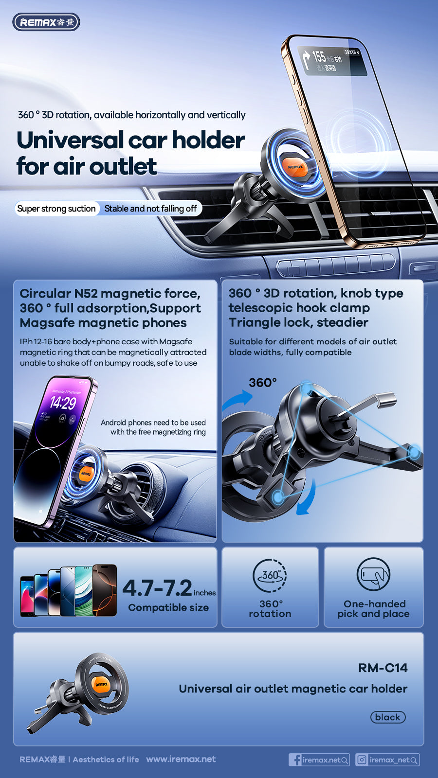 REMAX Universal Air Vent Magnetic Car Phone Holder - RM-C14