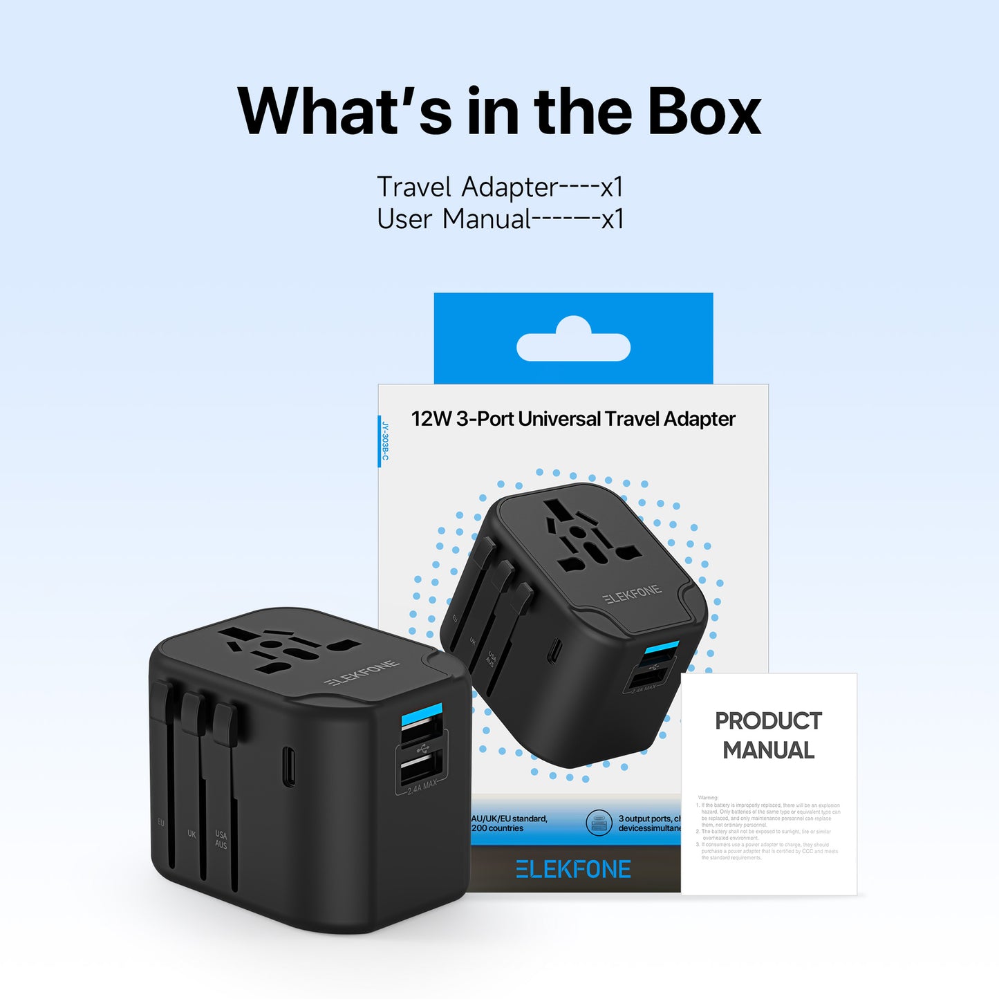 ELEKFONE Universal Travel Power Adapter, Dual-USB and Type-C Ports 12W - T12W