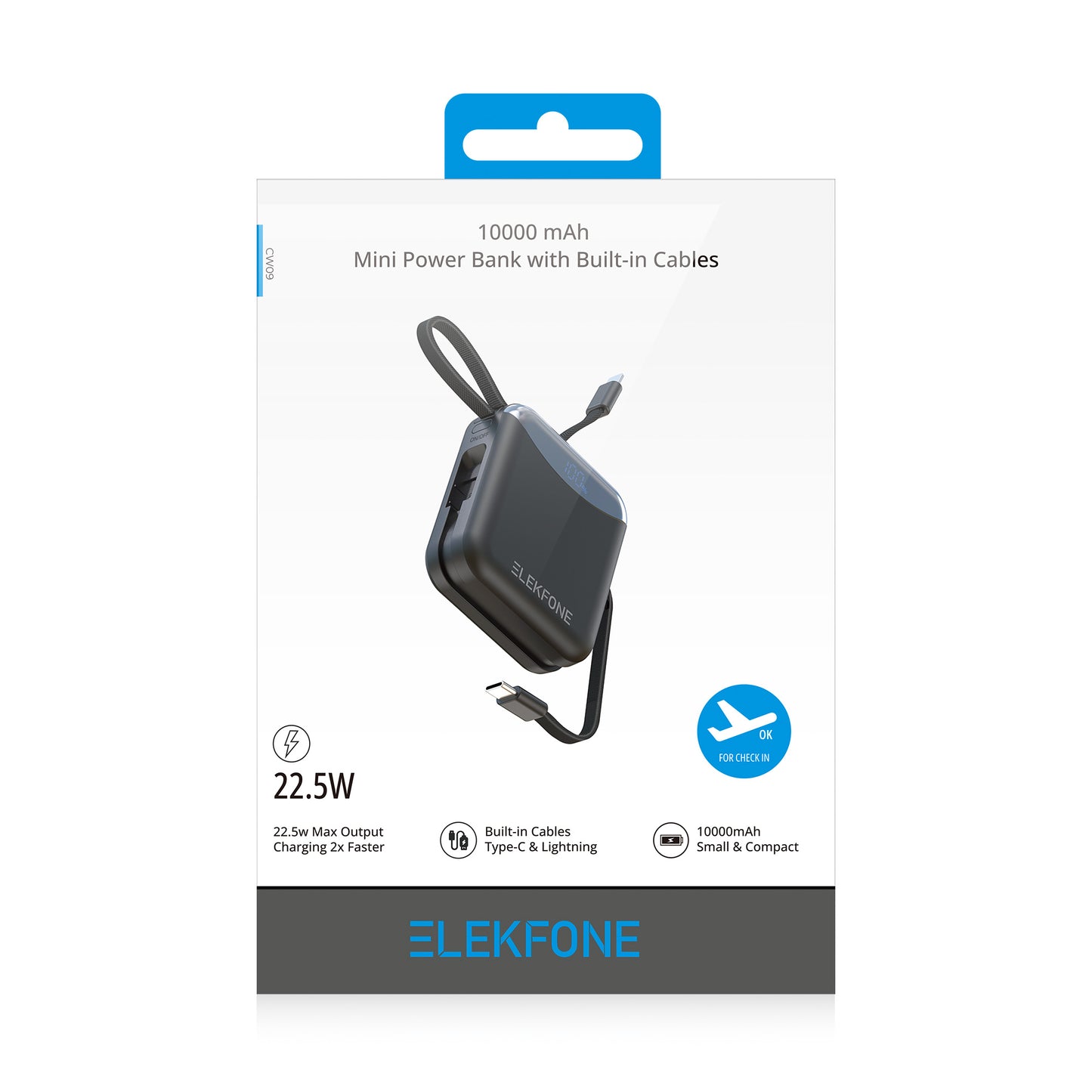 10000mAh Mini Power Bank with Built-in Cables for iPhone, Samsung & More - CW09