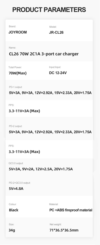 JOYROOM 3-Port Car Charger 70W (2PD+1USB) - JR-CL26