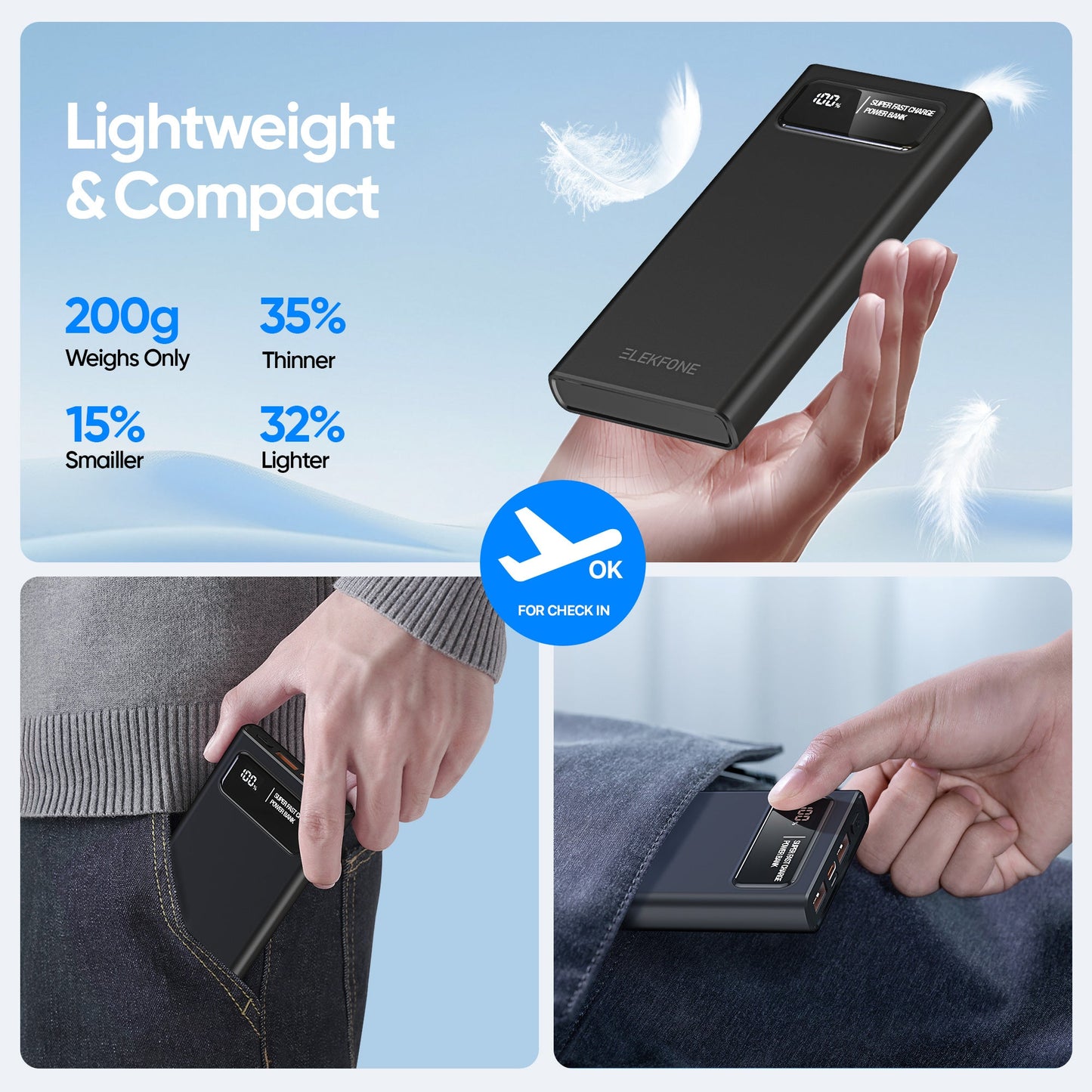 ELEKFONE 10000mAh 22.5W PD Power Bank, Compatible with Phones and Tablets - P1