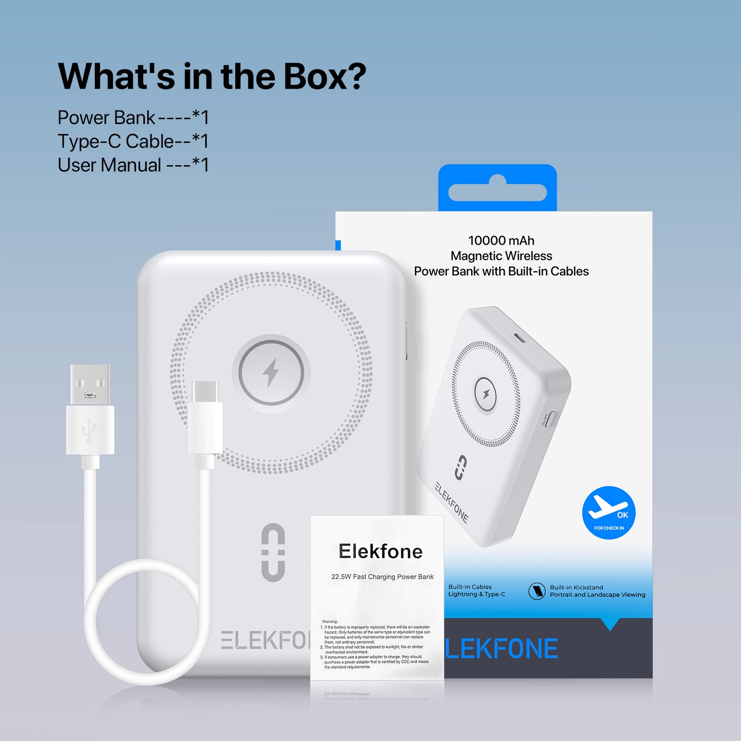 ELEKFONE Magnetic Wireless Power Bank with Built-in Cables and Kickstand - CW08