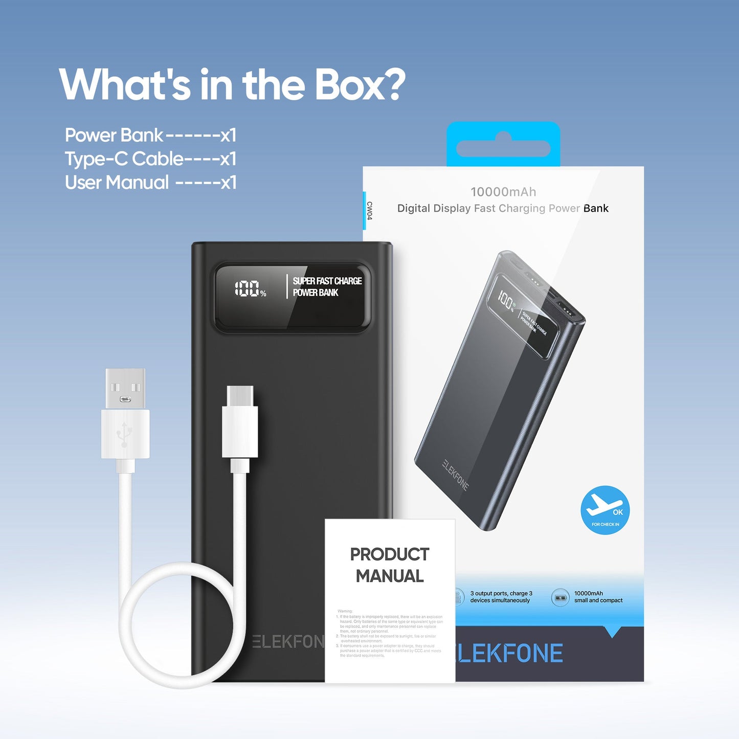 ELEKFONE 10000mAh 22.5W PD Power Bank, Compatible with Phones and Tablets - P1