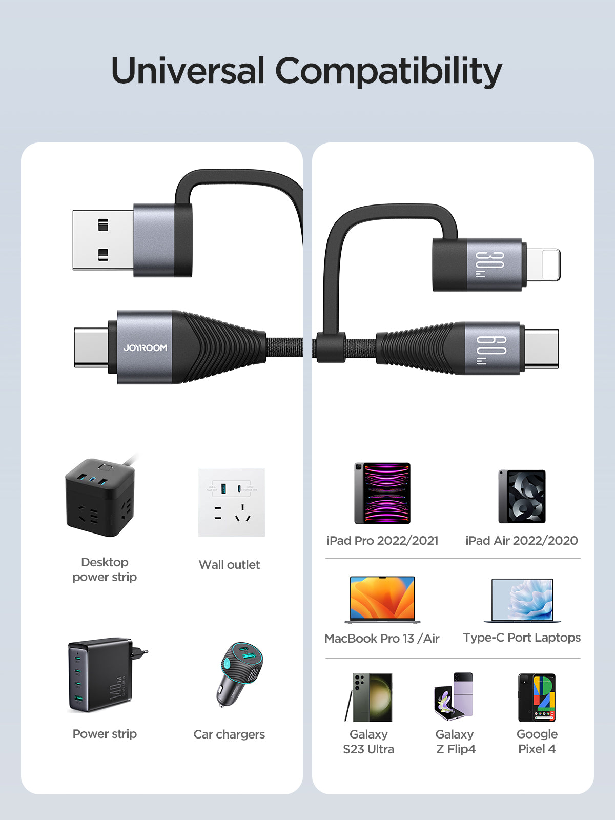 JOYROOM 60W 4-in-1 Fast Charging Data Cable (USB-A/USB-C/Lightning) 1.2M SA37-2T2