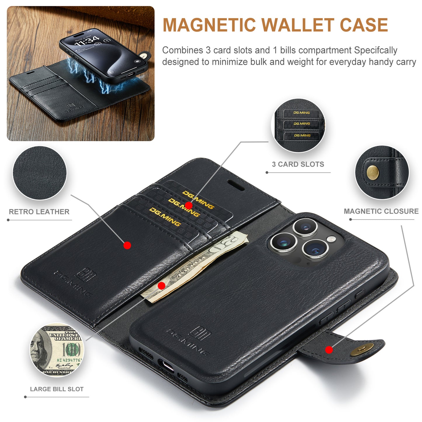 2-in-1 Wallet Phone Case with Detachable Inner Case Card Slots and Bill Slot W3