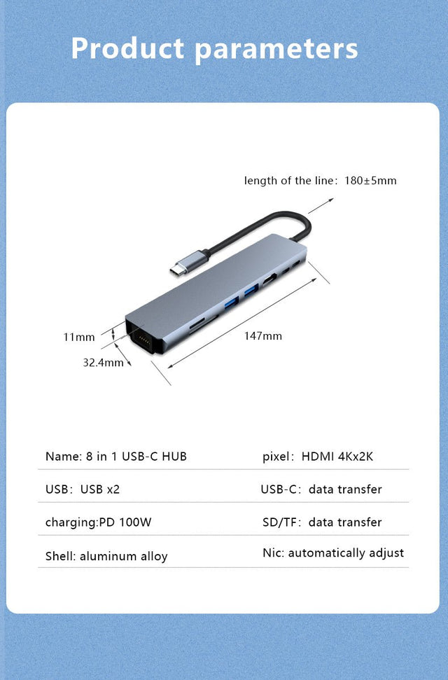 8-in-1 USB Hub (PD / Type-C / HDMI / USB2.0/3.0 / TF/SD / Ethernet)