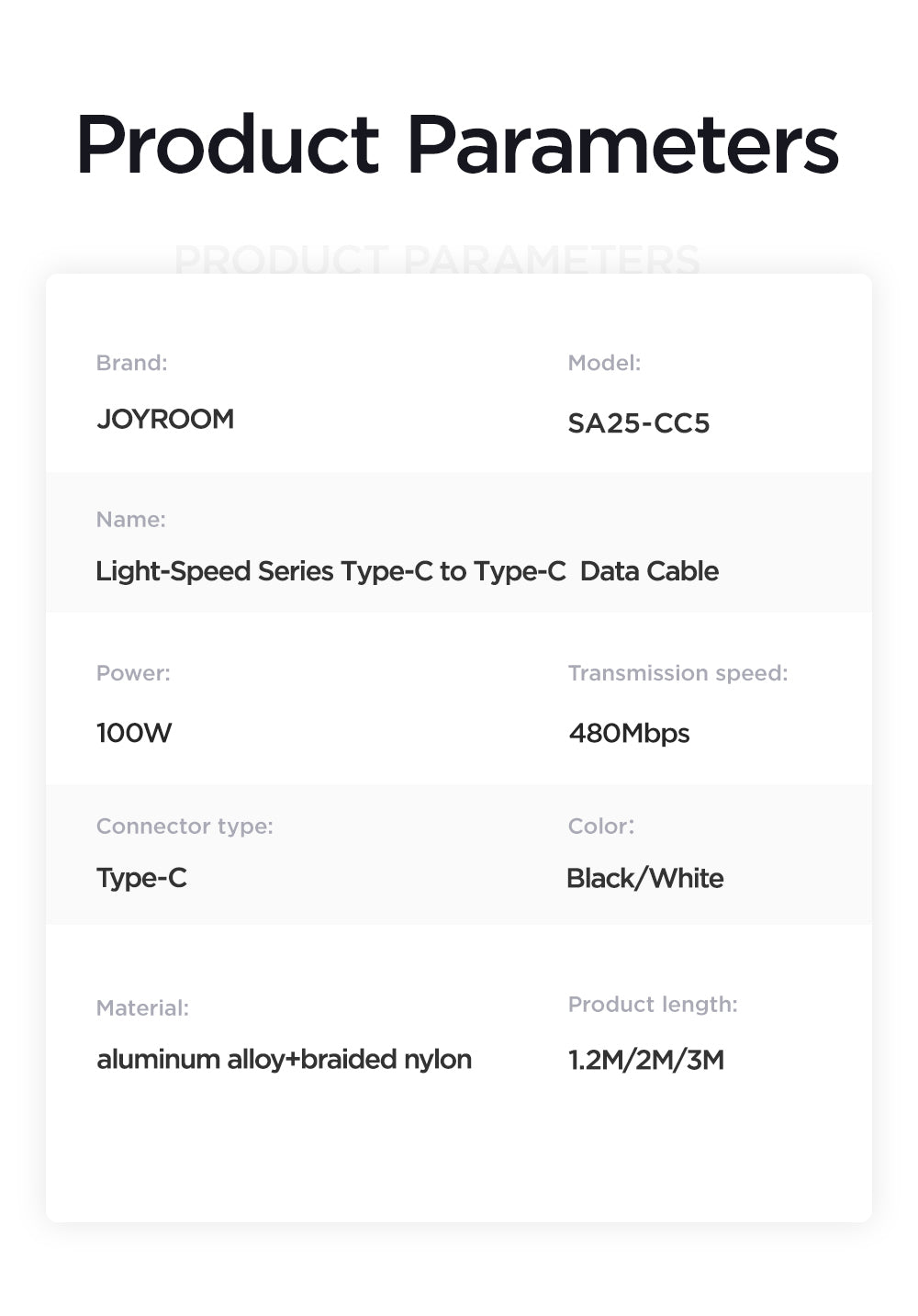 JOYROOM USB-C to USB-C 100W Fast Charging Data Cable 1.2M - SA25-CC5