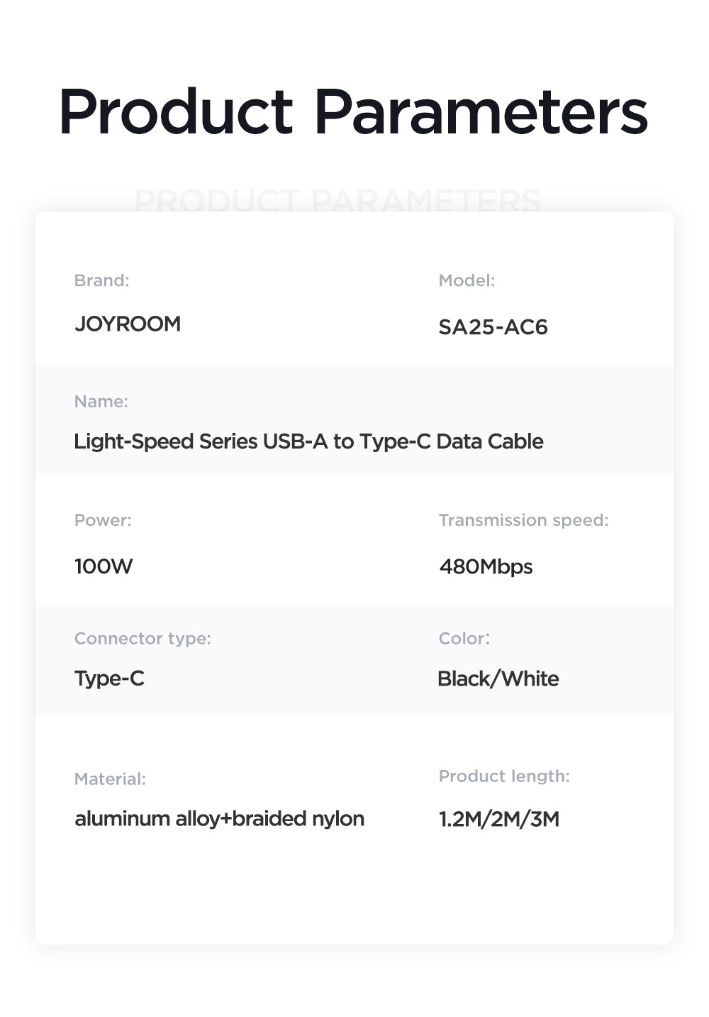 JOYROOM 100W USB-A to USB-C Fast Charging Data Cable 1.2M -SA25-AC6