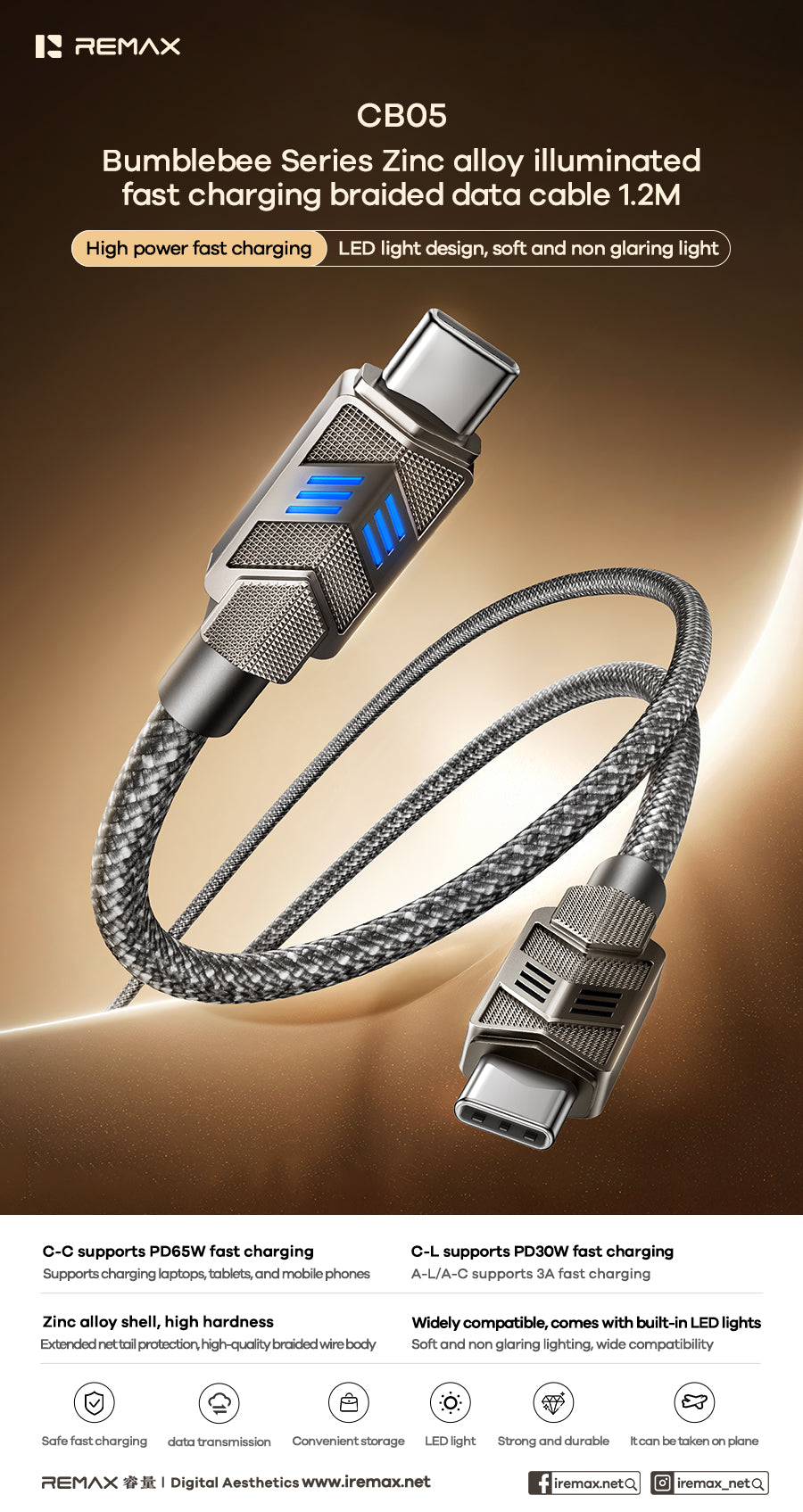 REMAX Bumblebee Series Zinc Alloy Fast Charging Braided Data Cable 1.2M - CB05