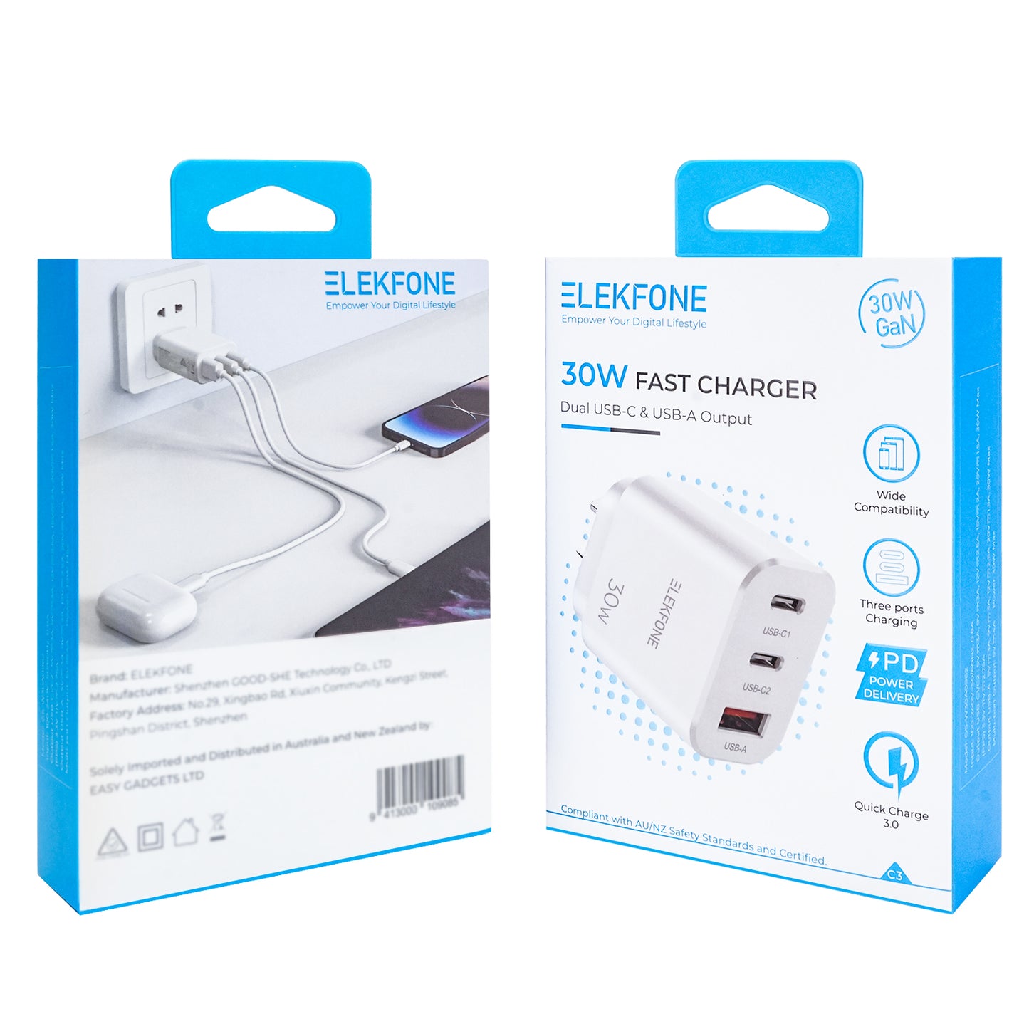 ELEKFONE 30W GaN Wall Charger Dual USB-C and USB-A Ports SAA Certified - C3