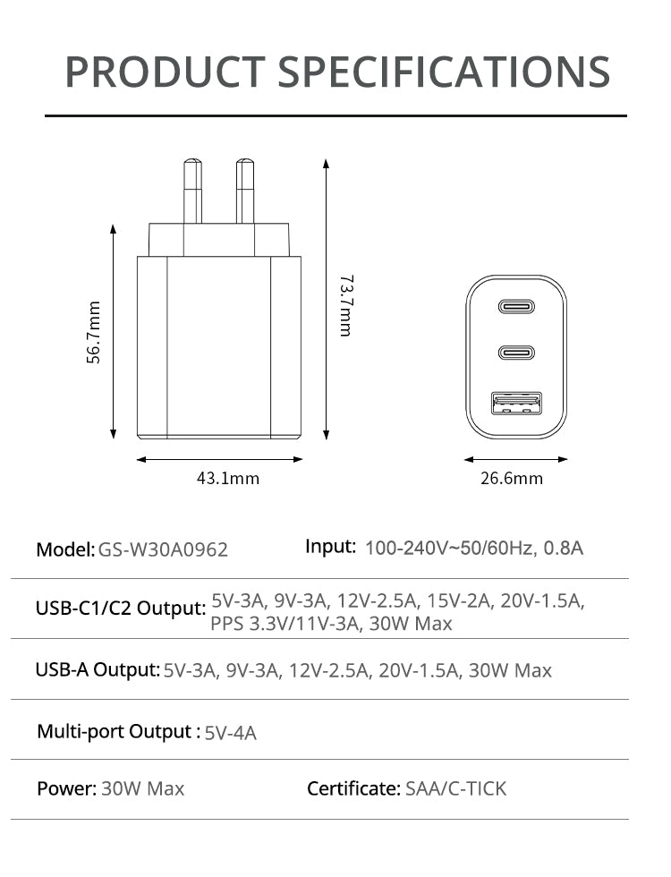 ELEKFONE 30W GaN Wall Charger Dual USB-C and USB-A Ports SAA Certified - C3