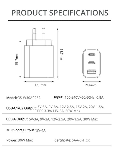 ELEKFONE 30W GaN Wall Charger Dual USB-C and USB-A Ports SAA Certified - C3