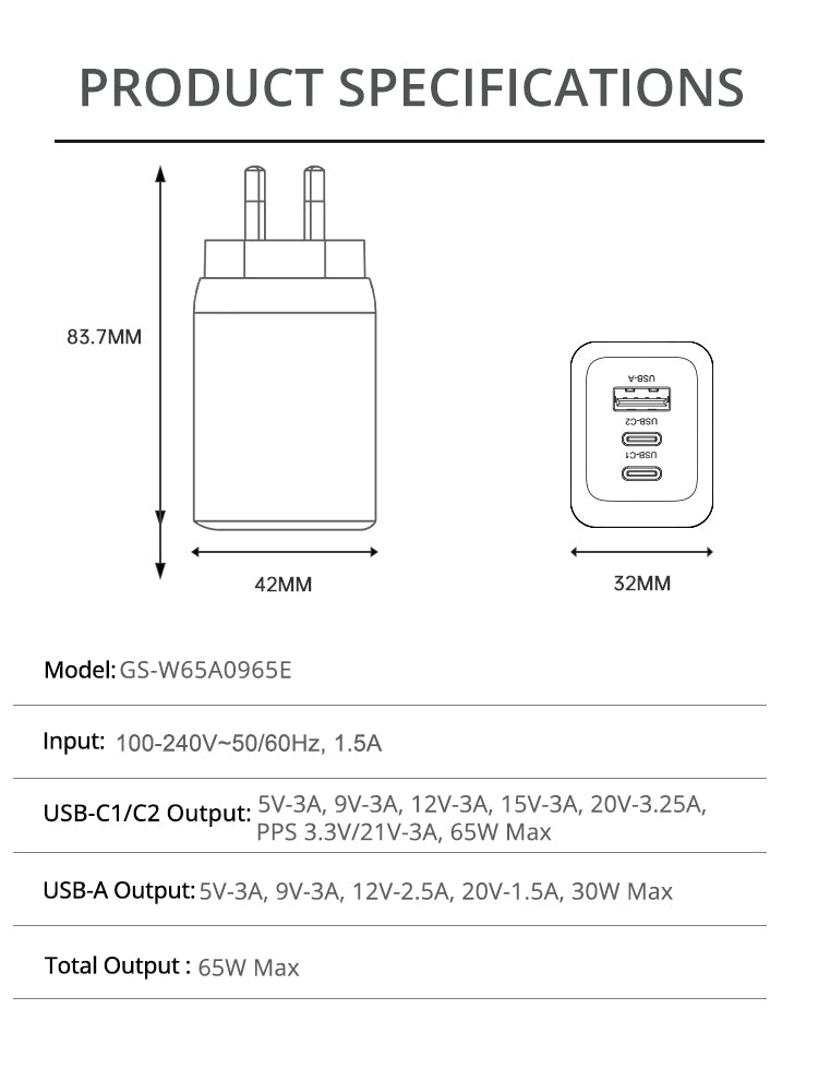 ELEKFONE 65W GaN Wall Charger Dual USB-C and USB-A Ports SAA Certified - C6