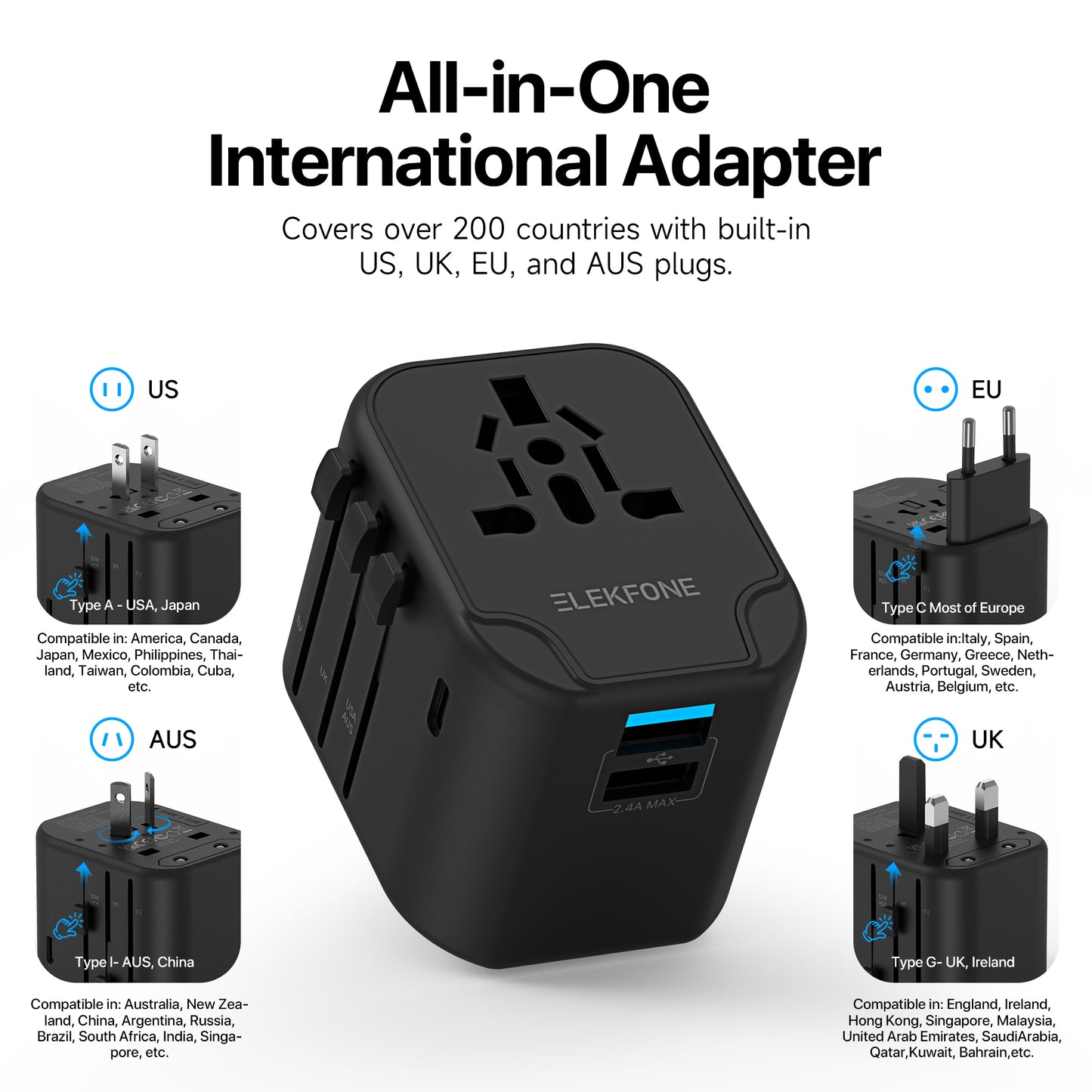 ELEKFONE Universal Travel Power Adapter, Dual-USB and Type-C Ports 12W - T12W
