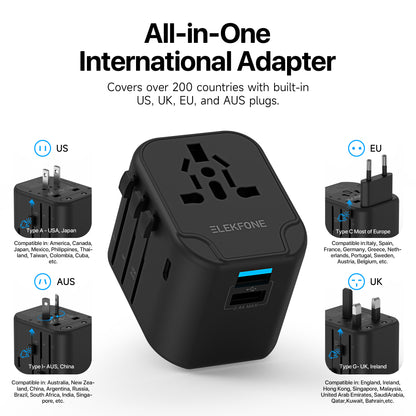 ELEKFONE Universal Travel Power Adapter, Dual-USB and Type-C Ports 12W - T12W