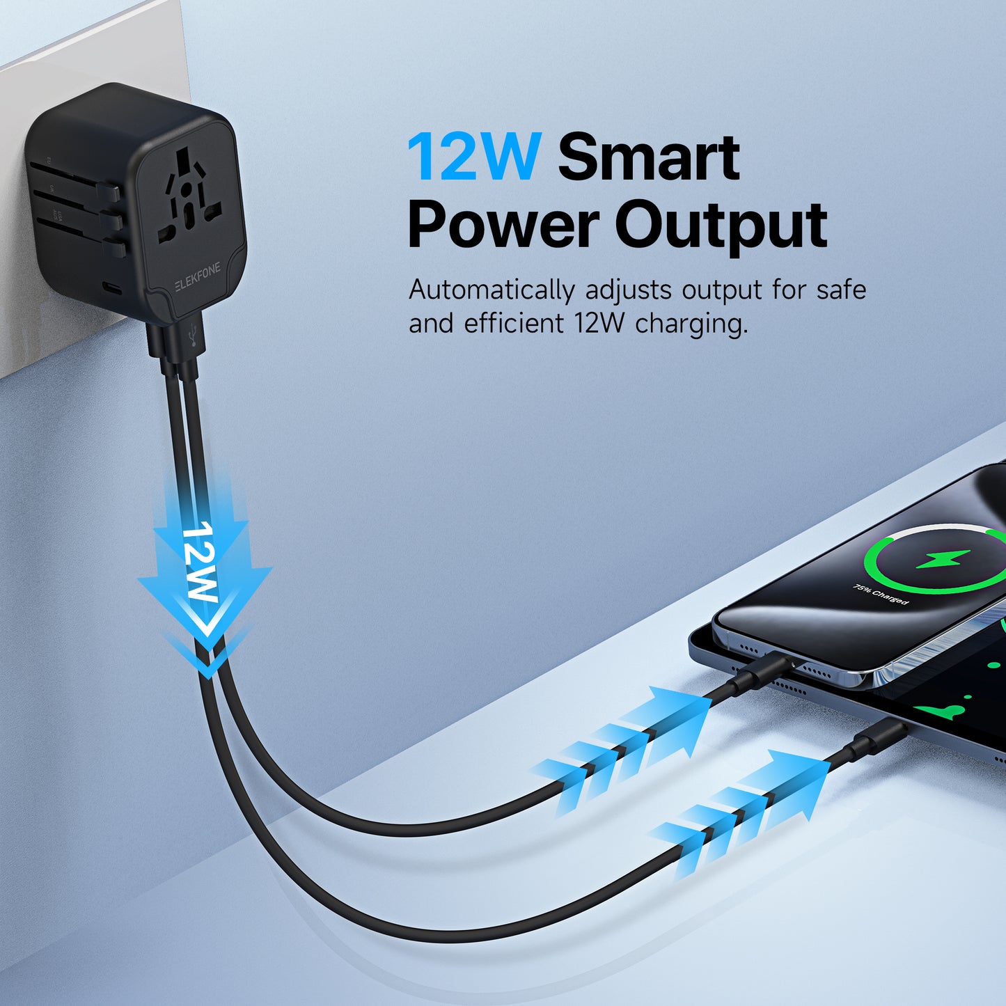 ELEKFONE Universal Travel Power Adapter, Dual-USB and Type-C Ports 12W - T12W