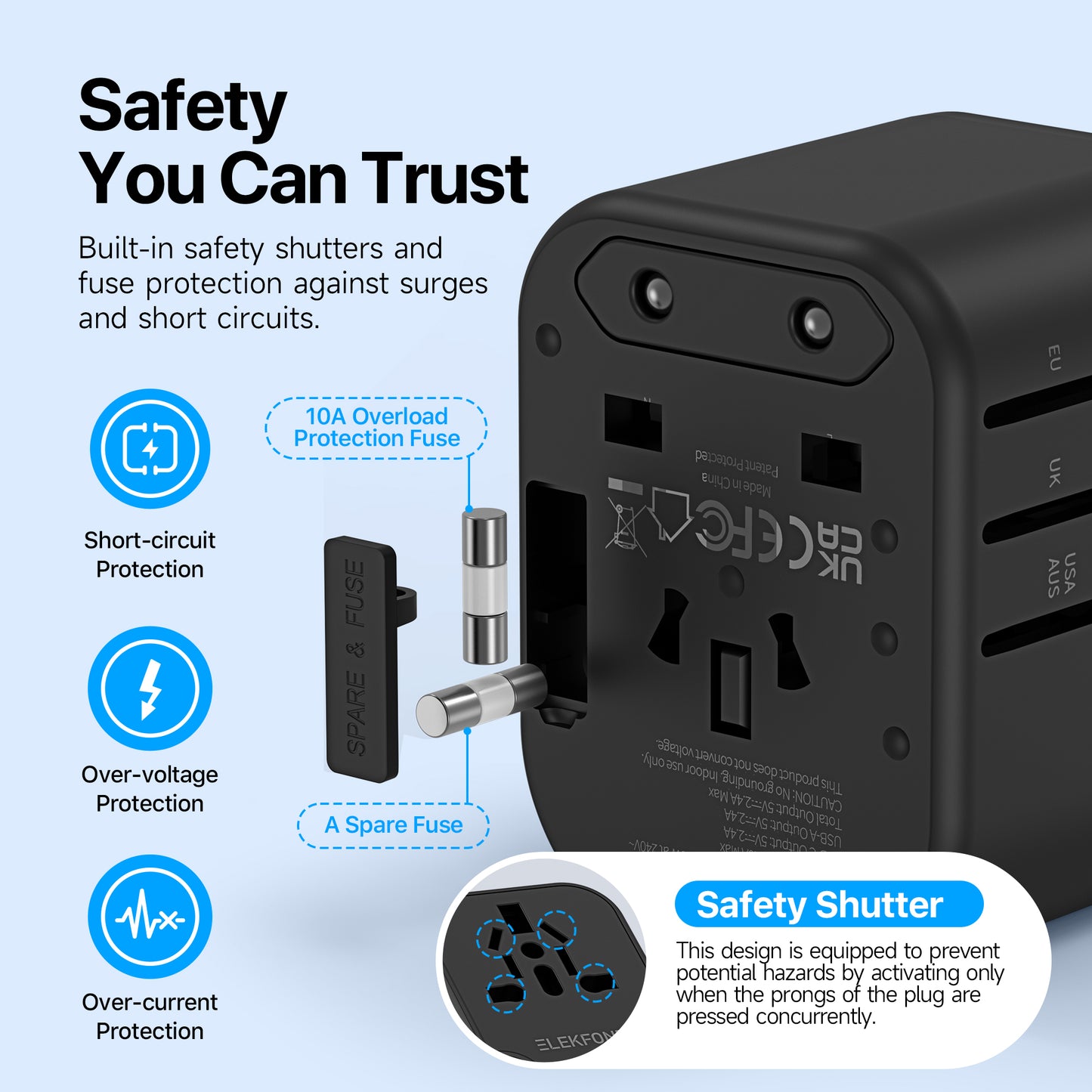 ELEKFONE Universal Travel Power Adapter, Dual-USB and Type-C Ports 12W - T12W