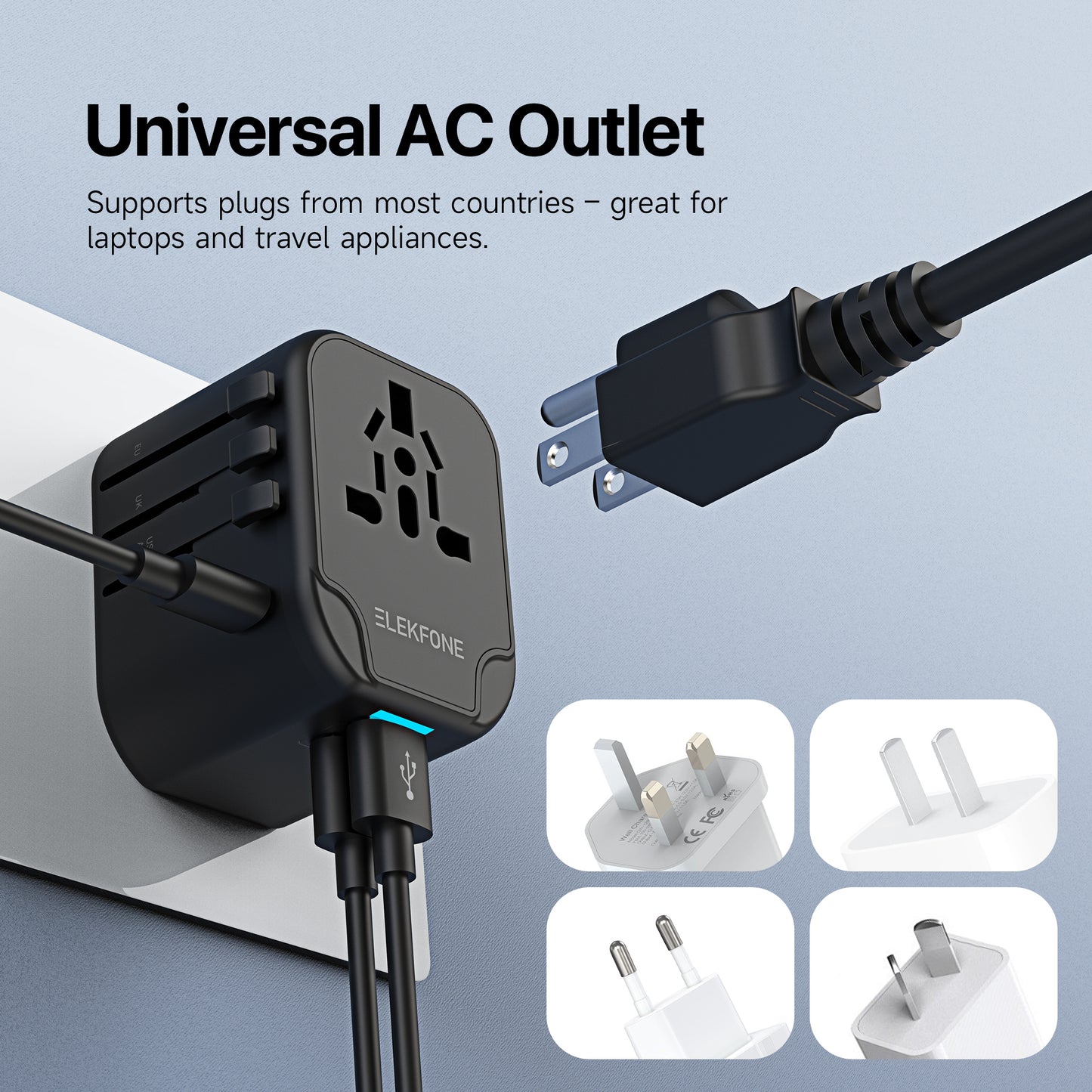 ELEKFONE Universal Travel Power Adapter, Dual-USB and Type-C Ports 12W - T12W