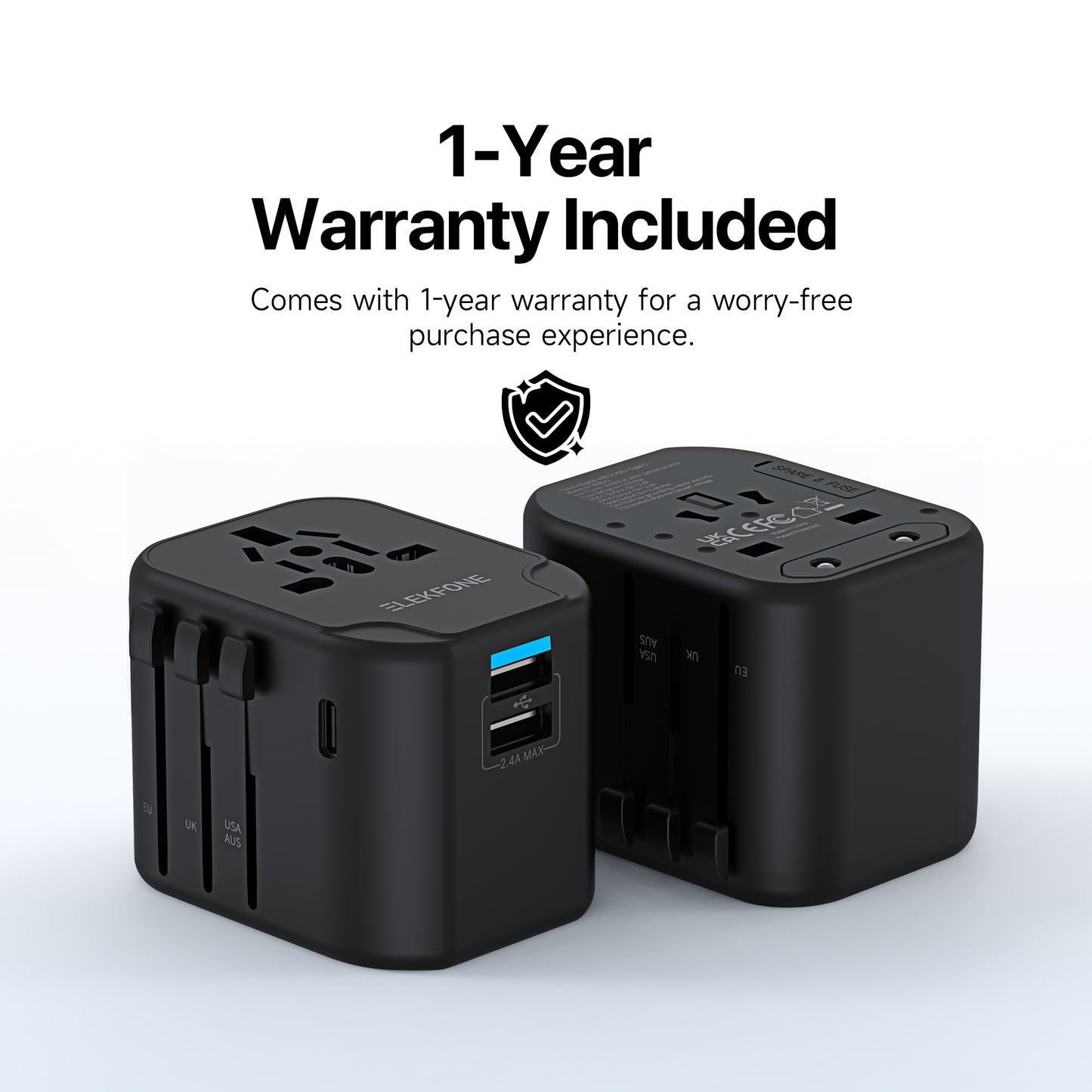 ELEKFONE Universal Travel Power Adapter, Dual-USB and Type-C Ports 12W - T12W