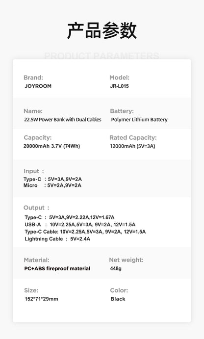 JOYROOM 22.5W Power Bank with Dual Cables 20000mAh - JR-L015