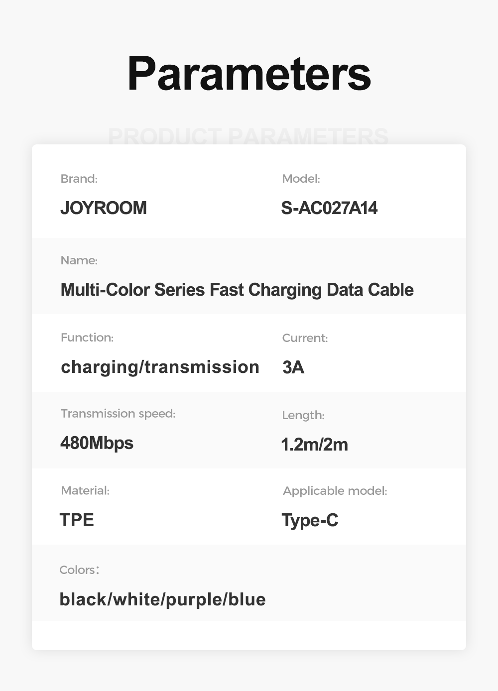 JOYROOM Multi-Color Series Charging Cable - S-A14