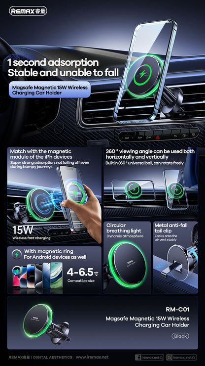 REMAX MagSafe Magnetic 15W Wireless Charging Car Mount - RM-C01