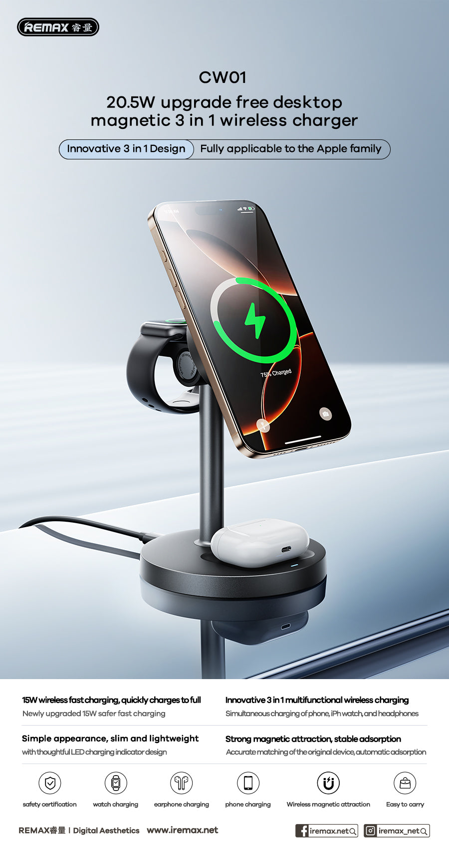 REMAX 20.5W Magnetic Desktop 3-in-1 Wireless Charger - CW01
