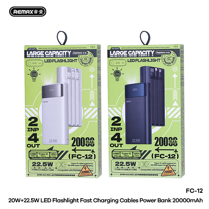 REMAX 20+22.5 Fast Charging Power Bank with Built-in Cables 20000mAh - FC-12