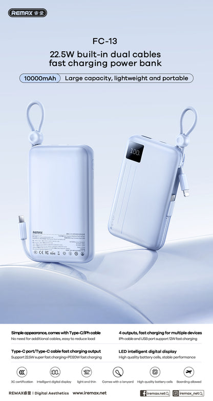 REMAX 22.5W Dual Cables Fast Charging Power Bank 10000mAh - FC-13