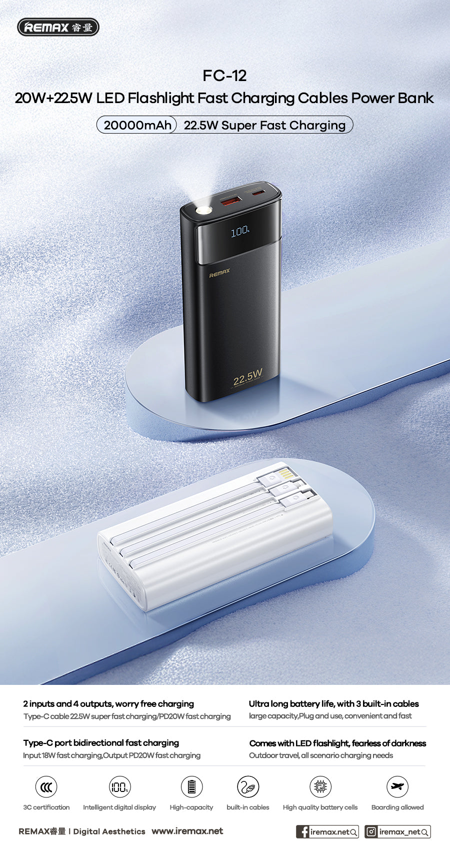 REMAX 20+22.5 Fast Charging Power Bank with Built-in Cables 20000mAh - FC-12