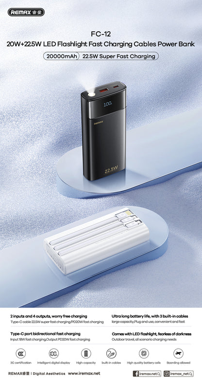 REMAX 20+22.5 Fast Charging Power Bank with Built-in Cables 20000mAh - FC-12