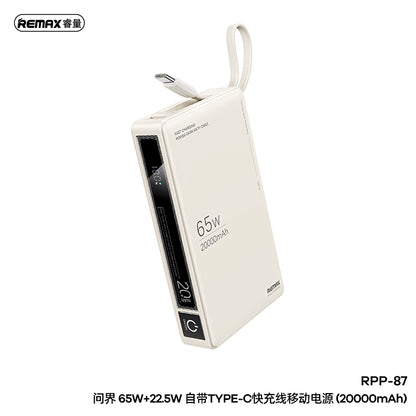 REMAX 65W+22.5W Type-C Cabled Fast Charging Power Bank 20000mAh - RPP-87