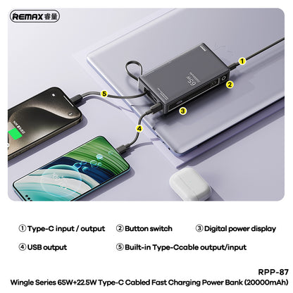 REMAX 65W+22.5W Type-C Cabled Fast Charging Power Bank 20000mAh - RPP-87